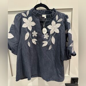 Oddi Navy Embroidered Floral Peasant Top